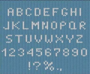 Noel yazı tipi düz vektör çizimi. Örgü tarzı alfabe ve sayılar ayarlandı. Kış mevsimi Abc, büyük harfler, rakamlar ve semboller. Örgü kumaş dokusu üzerine dekoratif tipografi.