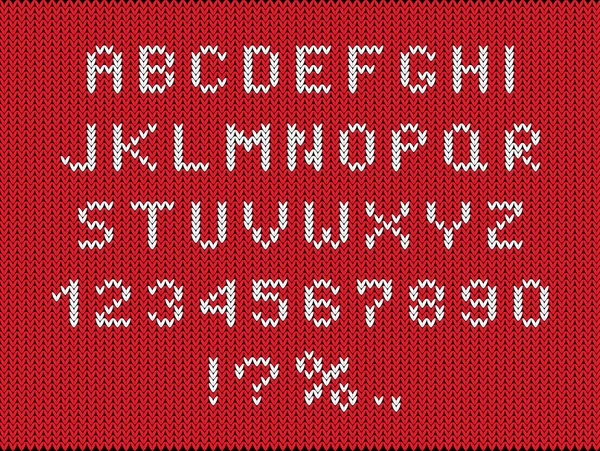 Christmas season font flat vector illustration. Knitwear stylized letters and numbers set. Winter alphabet with numerals and symbols. Decorative white typography on red knit fabric texture. — Stock Vector
