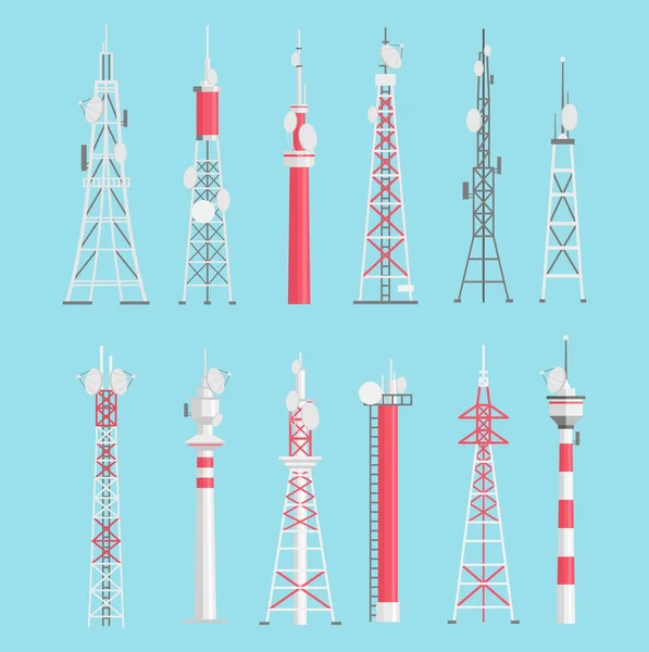 Torn platt vektor illustrationer som. Telekommunikation, elektriska, radiotorn pack isolerad på blå bakgrund. Medieinformationsteknik. Antennröda och vita designelement kollektion. — Stock vektor