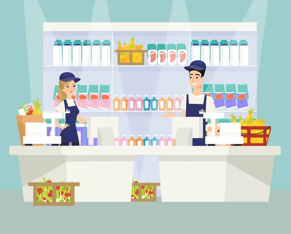 Szupermarket pénztár lapos vektor illusztráció. Férfi és női pénztáros rajzfilmfigurák egyenruhában dolgoznak az élelmiszerboltban. Polc termékekkel a raktárban. Bevásárlótáskák és kosarak. — Stock Vector