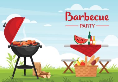 Barbekü partisi açık havada renkli düz vektör çizimi