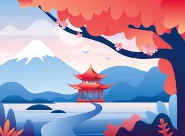 Japon kırmızı kalesi ve karlı Fuji dağ zirvesi illüstrasyonu