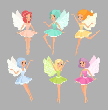 Periler düz vektör çizimleri ayarlandı. Gri arka planda izole edilmiş sihirli peri masalı yaratıkları. Tatlı mitolojik uçan elfler çizgi film karakterleri. Kanatlı renkli kızlar. Havada yüzen sevimli periler.