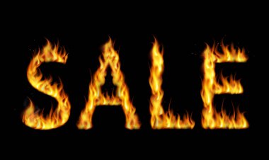 Alevler içinde satılan kelime renkli gerçekçi çizimler.