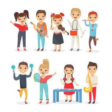 Müzik enstrümanları çalan çocuklar düz vektör çizimleri seti