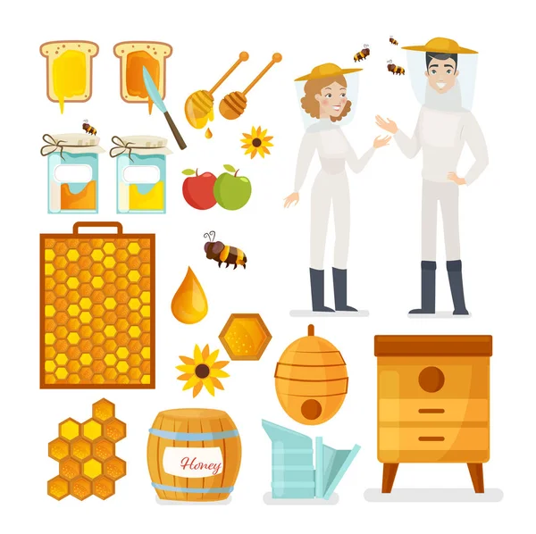 Zestaw ilustracji pszczelarzy, pszczół i wektorów płaskich miodu — Wektor stockowy