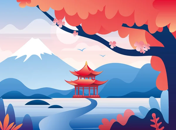 Castillo rojo japonés y nevada montaña Fuji pico ilustración — Archivo Imágenes Vectoriales