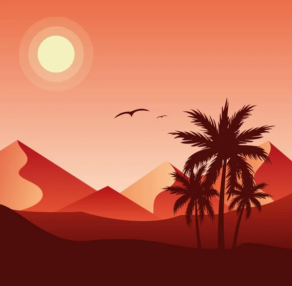 Sunset in desert colorful flat vector illustration — Stock Vector
