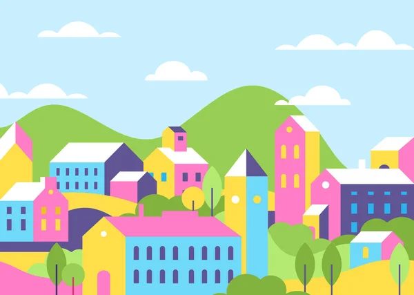 Πόλη σπίτια αρχιτεκτονική φωτεινό χρώμα επίπεδη διανυσματική απεικόνιση — Διανυσματικό Αρχείο