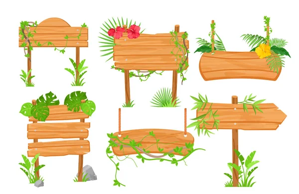 Houten jungle wegwijzers platte vector illustraties set — Stockvector