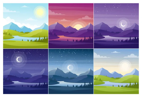 Nature landscapes at different day time flat vector illustrations set — 스톡 벡터