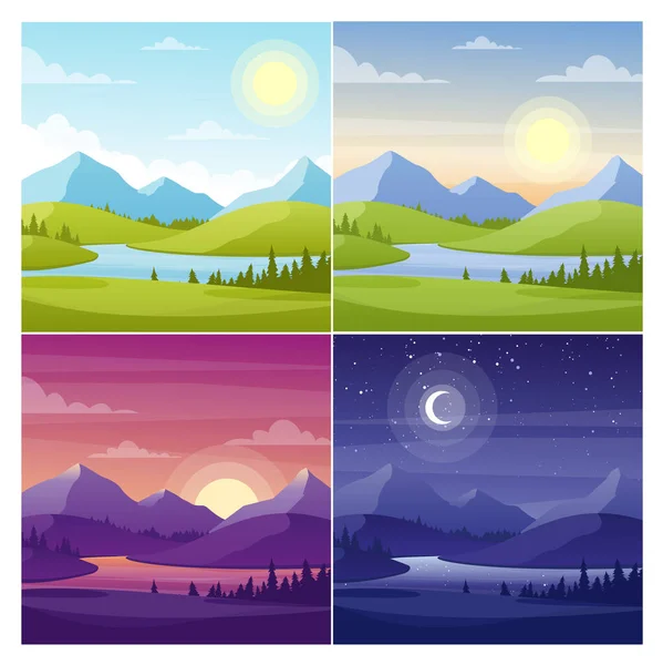 Zee en bergen landschap vlakke vector illustraties set — Stockvector