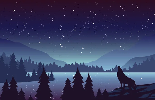 Lobo en las montañas paisaje plano vector ilustración — Vector de stock