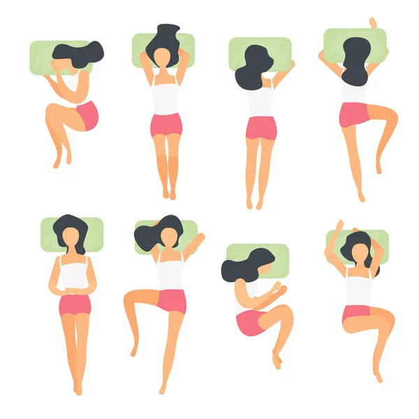 Mujer durmiendo poses plana vector ilustraciones conjunto — Vector de stock