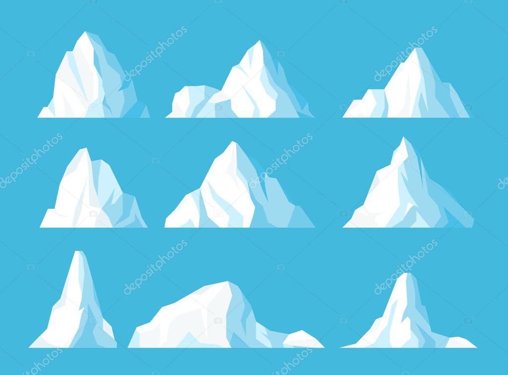 Icebergs in ocean flat vector illustrations set