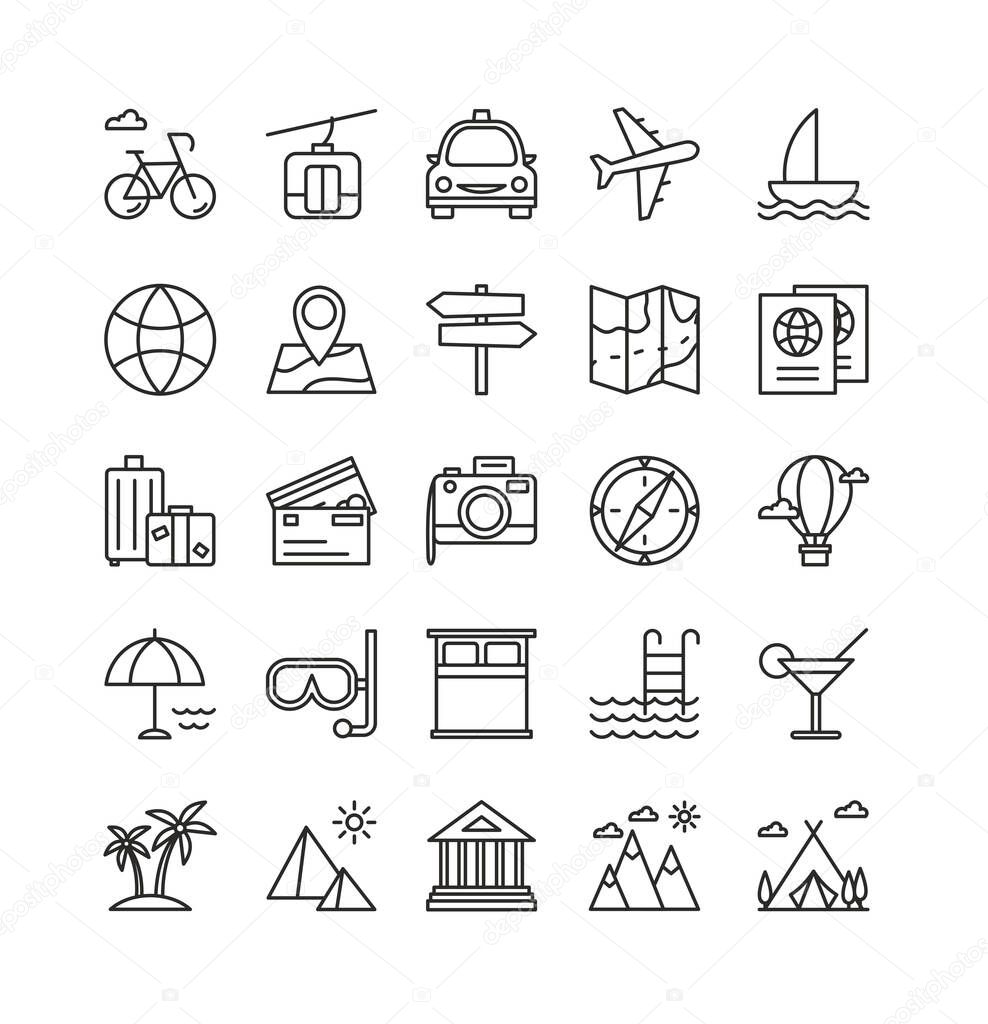 Traveling and recreation linear vector icons set. Summer holiday vacation thin line illustrations pack. Camping, hiking outline isolated symbols. Map, car, airplane design elements collection