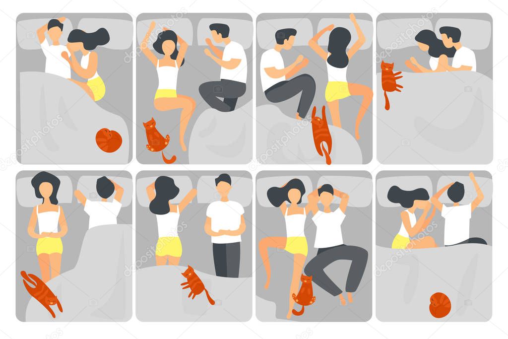 Woman and man sleeping poses flat vector illustrations set