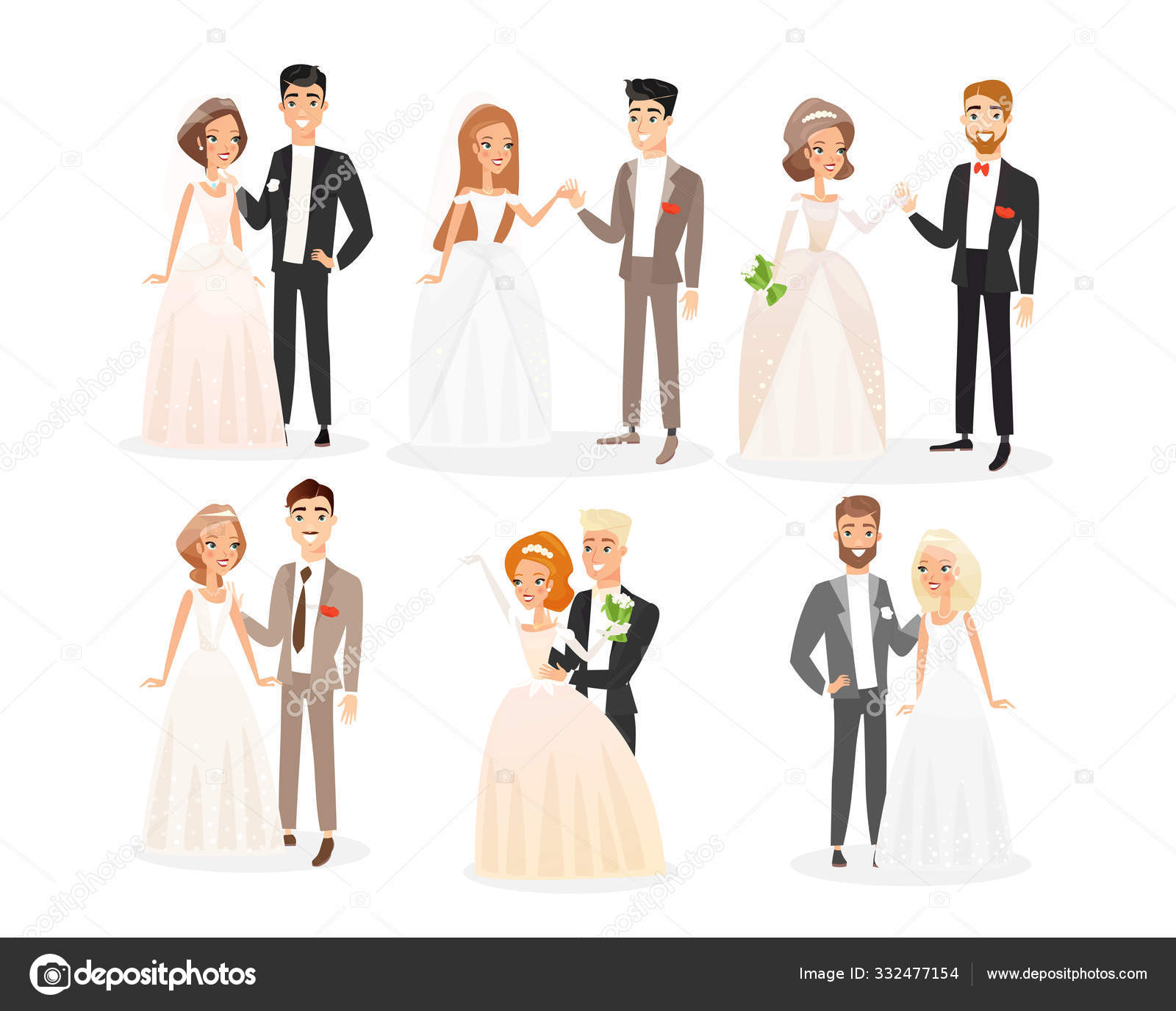 Wedding couples flat vector illustrations set. Bride and groom cartoon characters pack. Engagement ceremony. Woman in white bridal dress with veil and man in festive costume. Newlyweds collection. Stock Vector Image by © Wedding couples flat vector illustrations set. Bride and groom cartoon characters pack. Engagement ceremony. Woman in white bridal dress with veil and man in festive costume. Newlyweds collection. Stock Vector Image by ©