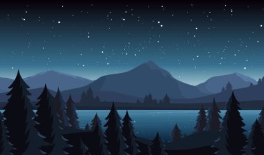 Gece gölü manzarası düz vektör çizimi. Ufukta köknar ağaçları ve tepe tepelerinin siluetleri olan kozalaklı orman manzarası. Dağ, nehir ve yıldızlı gökyüzü sahne arkaplanı.