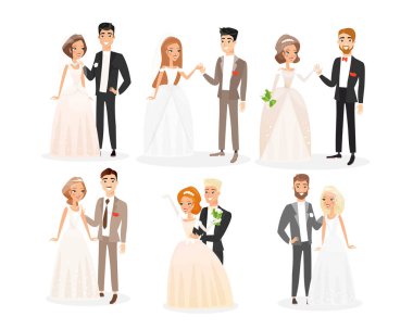 Düğün çiftleri düz vektör çizimleri ayarlandı. Gelin ve damat çizgi film karakterleri toplanır. Nişan töreni. Peçeli beyaz gelinlikli bir kadın ve şenlikli kostümlü bir adam. Yeni evliler koleksiyonu.