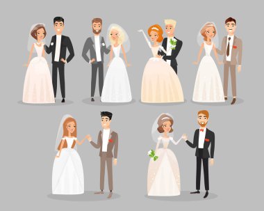Yeni evli çiftler düz vektör çizimleri seti. Düğün günü gelin ve damat ayakta ve gülümseyen çizgi film karakterleri toplanıyor. Peçeli beyaz gelinlikli kadın ve şenlikli kostümlü adam..