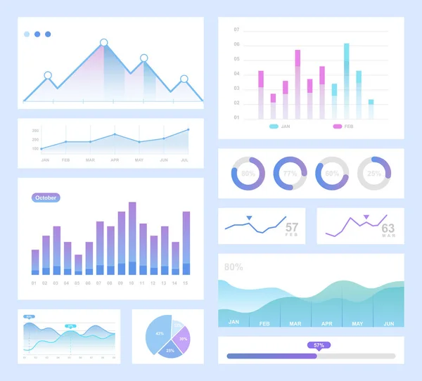 Infographic color vector illustration set. Info pie charts, digram, graph isolated design elements pack. Process, progress circles. Flowchart for business presentation. Statistics visualization. — 스톡 벡터