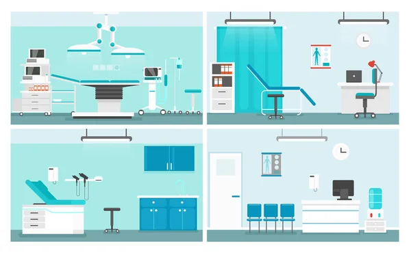 Hospital rooms flat vector illustrations set. Doctor office cartoon interior design pack. Medical center waiting room and corridor, patient ward collection. Operating theater equipment and bed. — Stock Vector