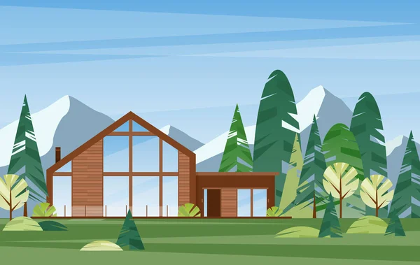 Modern village house flat vector illustration. Contemporary wooden building in coniferous forest. Countryside home exterior. Dwelling in woodland. Hut on nature. Villa in alpine mountains. — 스톡 벡터