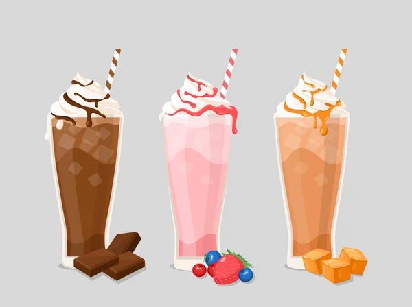 Melk cocktail platte vector illustraties set. Lekkere drankjes met slagroom en ijsblokjes op wit. Zoete dranken met chocolade, aardbeien en karamel smaken collectie. — Stockvector