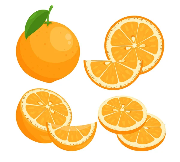 Апельсины плоские векторные иллюстрации набор. Сочные спелые цитрусовые целиком в кожуре с листьями изолированной упаковки на белом фоне. Летние ломтики свежих фруктов с элементами дизайна семян . — стоковый вектор