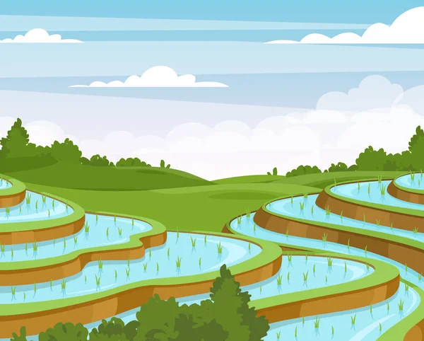 Rice plantation flat vector illustration. Vietnam countryside farmland fields. Asian rural meadow and hills cartoon scenery. Cereal growing in soil and water. Rice cultivation technique. — ストックベクタ