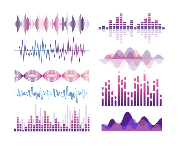 Geluidsgolven vector kleurenillustraties set. Audio effecten visualisatie. Muziekspeler equalizer. Lied, stemtrilling. Violette lijnen en rondingen geïsoleerde design elementen pack. Geluidsspoor ritme. — Stockvector