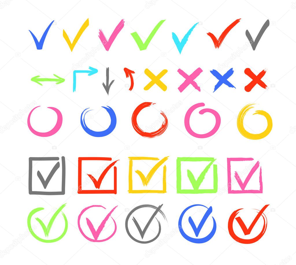 Check marks color vector illustrations set. Cross and arrow isolated design elements pack. Agree and disagree symbols bundle. Tick in voting checkboxes, questionnaire options collection.