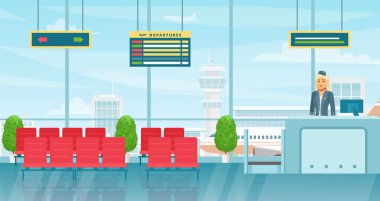 Havaalanı bekleme odası. İç düz vektör renkli çizimler. Sandalyeli ve yolcu tahtalı hareket salonu. Modern terminal salonu. Hostesle, hostesle masaya bakın..