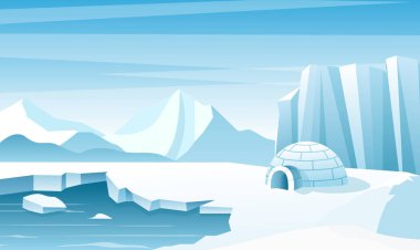 Buz igloo düz vektör illüstrasyonlu kutup manzarası. Ev, baraka kardan yapılmış. Buz dağları zirveleri. Eskimolar sığınma evinde kalıyorlar. Büyük buzdağı. Karlı kuzey kutbu kış manzarası.