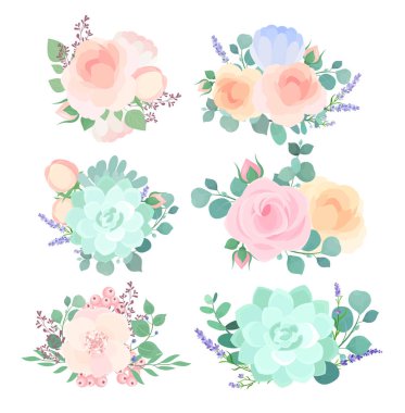 Çiçekler düz vektör illüstrasyonları ayarlandı. Açık pembe ve mavi tomurcuklar izole tasarım elementleri paketi. Yapraklı güller ve kır çiçeklerinin dalları. Bahçe çiçekleri dekorasyon koleksiyonu.