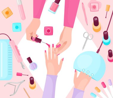 Profesyonel manikür masası düz vektör çizimi. Manikürcü ve kadın müşteri elleri yakın çekimde. Kozmetik uzmanı müşterilerin tırnaklarını cilalıyor. Moda güzellik salonu servisi..