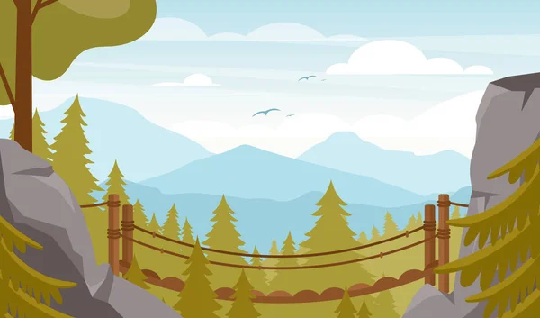 Scenic valley flat vector illustration. Beautiful mountain landscape, forest valley with fir trees and hanging bridge. Picturesque wild nature, national park. Minimalistic scenery, passage over cliff.