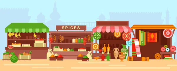 Восточный базар, уличный рынок плоская векторная иллюстрация. Пустой арабский рынок панорама с киосками и без людей. Фрукты, специи, керамика и ковры продаются без купюр . — стоковый вектор