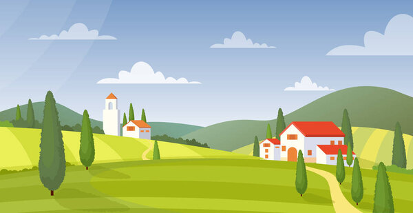 Rural landscape panorama flat vector illustration. Italy farmland buildings and green meadow at daytime. Countryside houses exterior. Cottages on nature. Field and blue sky scenery. Country villa.