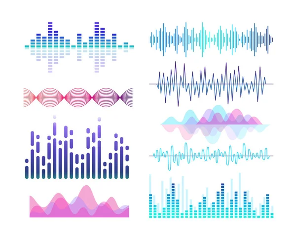 Набор векторных цветных иллюстраций звуковых эффектов. Звуковые волны и визуализация вибрации голоса. Аудиоплеер. Фиолетовые линии и кривые изолированные элементы дизайна упаковки. Ритм саундтрека . — стоковый вектор