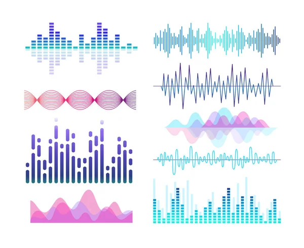 Ensemble d'illustrations couleur vectorielles d'effets sonores. Visualisation des ondes sonores et des vibrations vocales. Égaliseur de lecteur audio. Lignes violettes et courbes isolées éléments de conception pack. Rythme de la bande son . — Image vectorielle