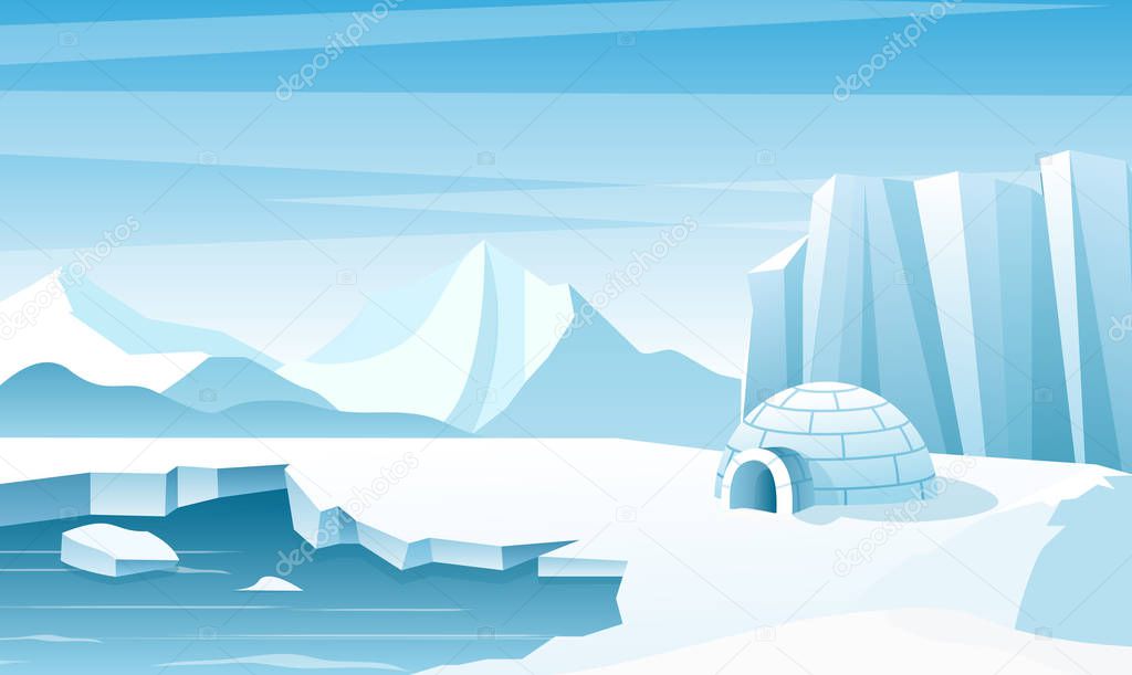 Arctic landscape with ice igloo flat vector illustration. House, hut built of snow. Ice mountains peaks. Eskimo people shelter inhabit. Big iceberg. Snowy north pole winter nature view.