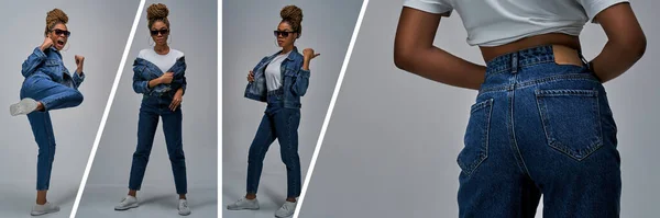Collage Señora Confiada Camiseta Blanca Jeans Posando Cámara Concepto Moda — Foto de Stock
