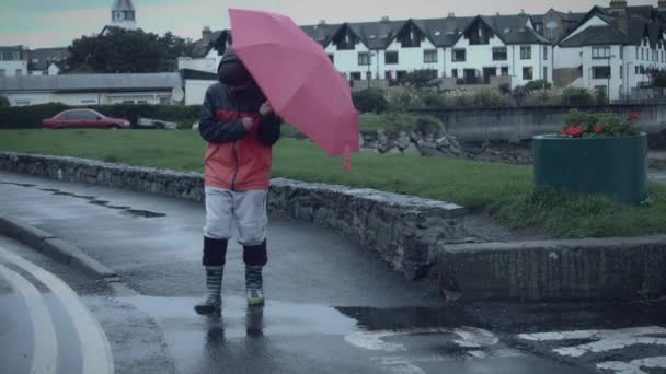 4K Child Playing in Puddles with Umbrella on a Rainy Day — Stock Video