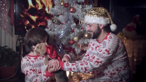4k Рождественский выстрел, папа дает щенок подарок ребенку — стоковое видео