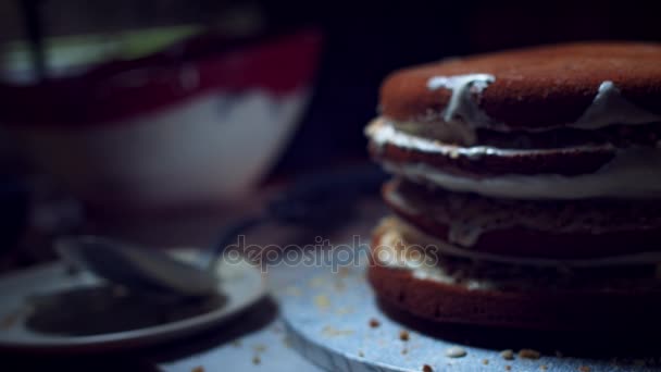 4K Primer plano de la torta y herramientas de cocina — Vídeos de Stock