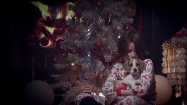 4 k Noel ve yeni yıl sıcak atış, çocuk ile onun evde beslenen hayvan köpek