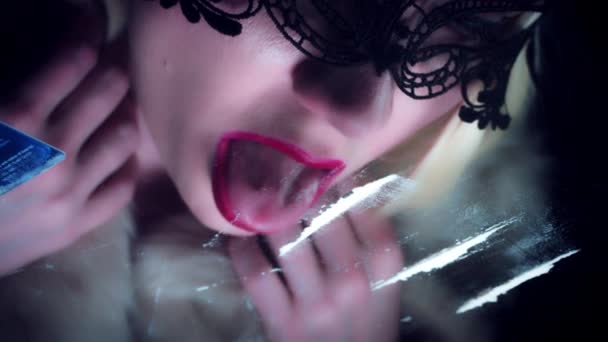 4k Sexy Woman Leaking Drugs with Toungue — Stock Video