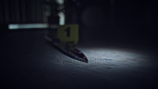 4K Crime Scene Flashlight on Evidences and Knife — Stock Video